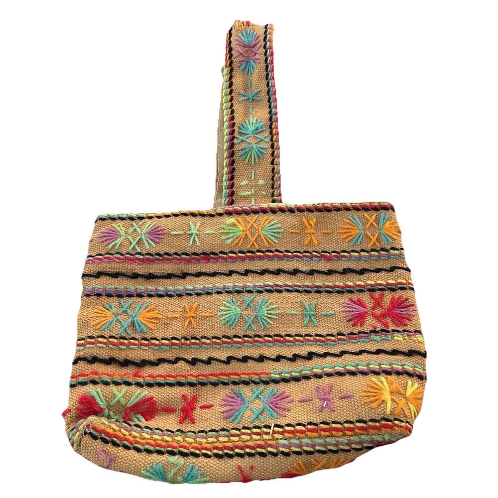 Vintage Embroidered Boho Tote Bag Woven Canvas Folk Art Shoulder Handbag